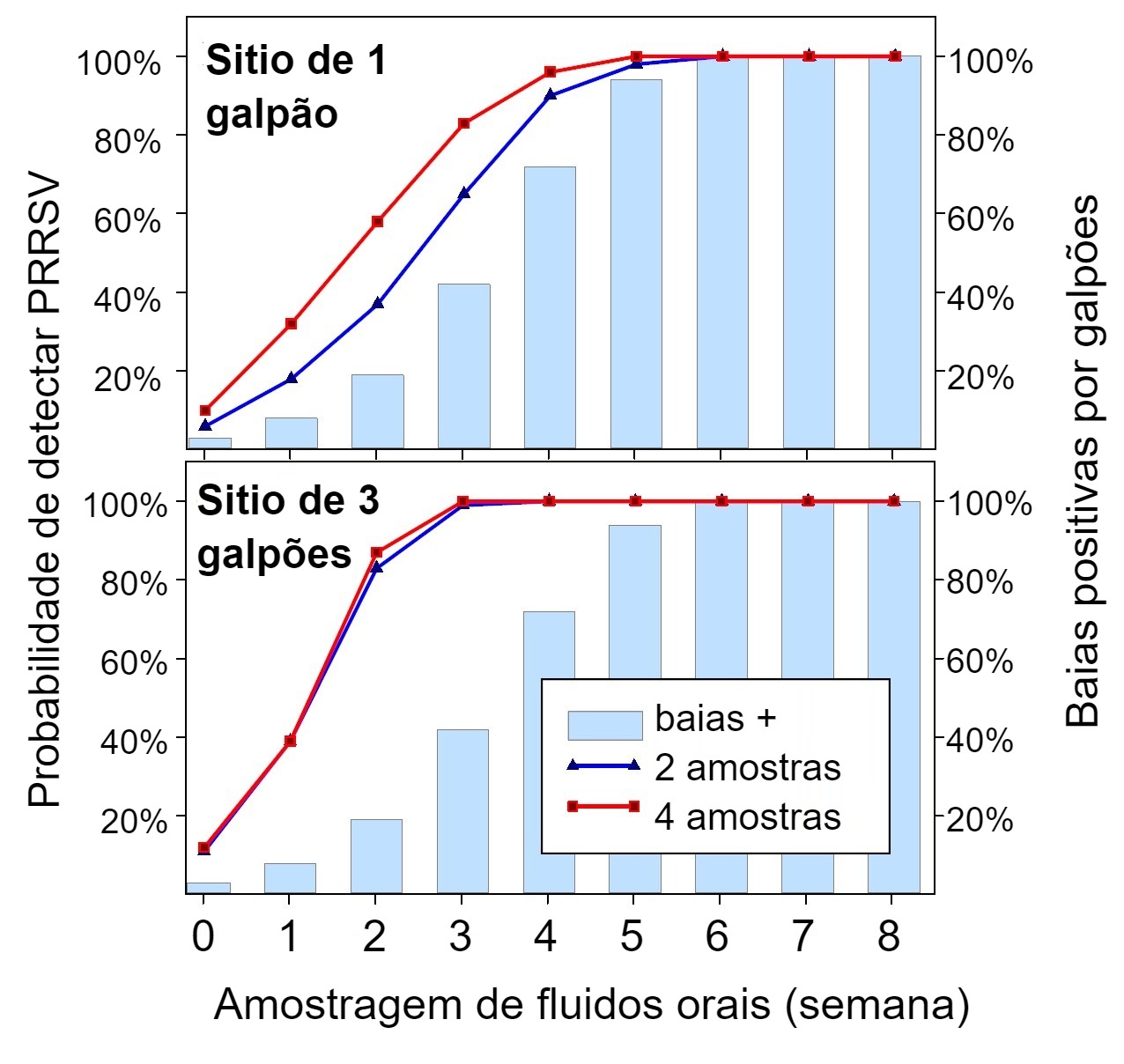 <span><span><strong><span><span><span>Figura 1</span></span></span></strong><span><span><span>. Detec&ccedil;&atilde;o de PRRSV usando amostragem espacial fixa. Probabilidade de detectar &ge; 1 amostra positiva para PRRSV em fun&ccedil;&atilde;o do n&uacute;mero de amostras coletadas por baia (2 ou 4) e do n&uacute;mero de baias amostradas por granja (1 ou 3). Observe que a probabilidade de detec&ccedil;&atilde;o aumenta geometricamente com o n&uacute;mero de cordas e galp&otilde;es amostrados. Dados de Rotolo et al., (2017). </span></span></span></span></span>
