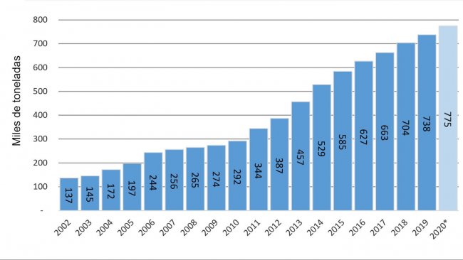 Gráfico nº1. Evolução da produção 2002/20. Fonte: MAGyP e dados próprios - dados projetados para o ano 2020.