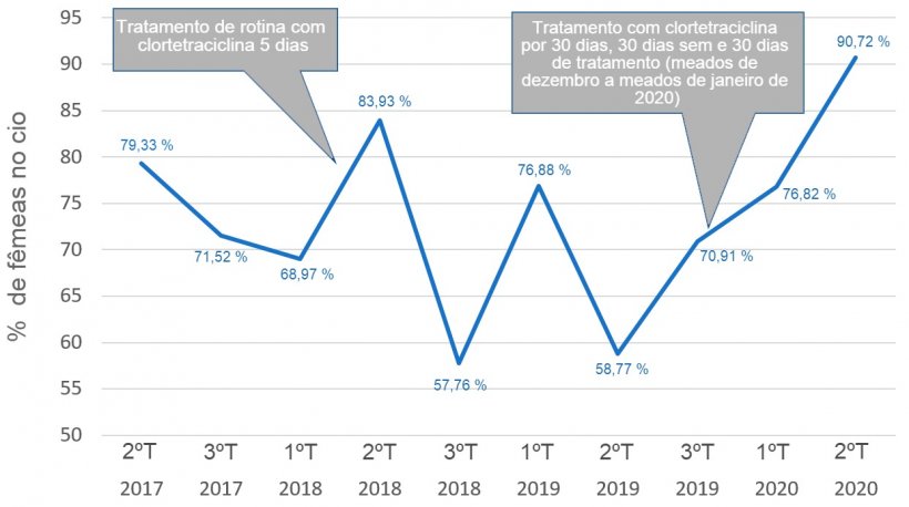 Gr&aacute;fico&nbsp;1. Evolu&ccedil;&atilde;o da porcentagem de f&ecirc;meas com ind&iacute;cios de cio.
