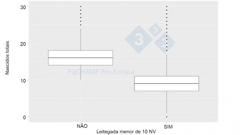 Gr&aacute;fico 4. Representa&ccedil;&atilde;o gr&aacute;fica por meio de box plot do n&uacute;mero total de leit&otilde;es nascidos de acordo com o tamanho da leitegada, 2018-2019.
