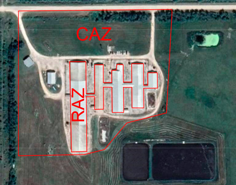 Imagem 1. Zona de acesso restrito (RAZ) e zona de acesso controlado (CAZ) de uma granja. Limites zona suja/limpa na granja. https://www.cpc-ccp.com/visitor-and-farm-biosecurity
