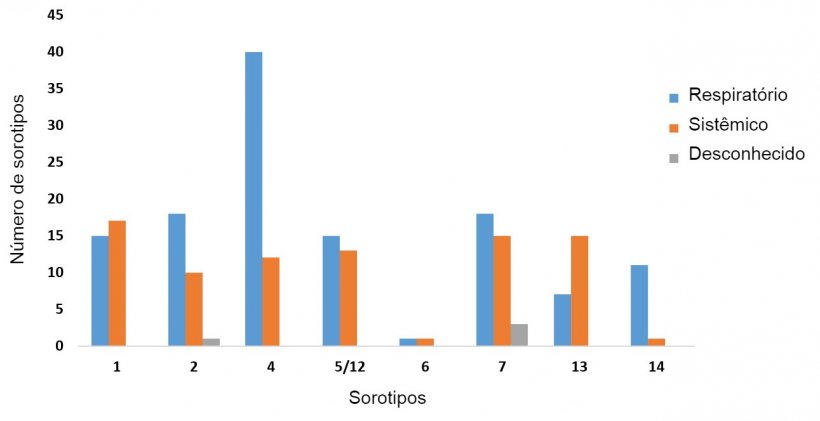 Figura 2: Distribui&ccedil;&atilde;o de sorotipos de H. parasuis entre&nbsp;isolados respirat&oacute;rios e sist&ecirc;micos amostrados por PCR de sorotipagem.
