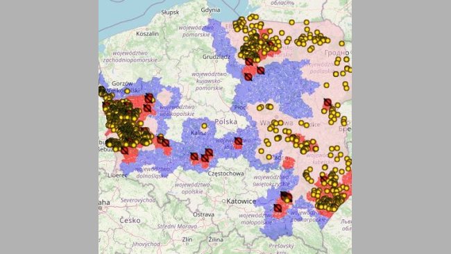 PSA em javalis em 2021. (pontos amarelos). Fonte: GVI