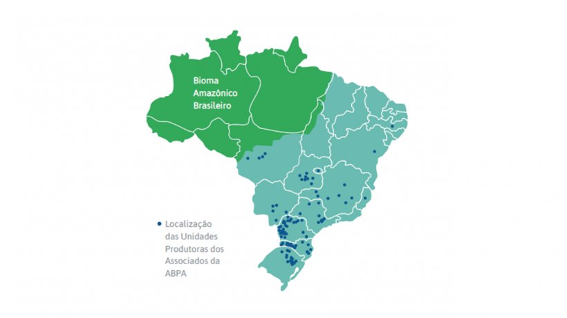 Figura 2. Mapa do Brasil com as unidades produtora&nbsp;dos associados da ABPA.
