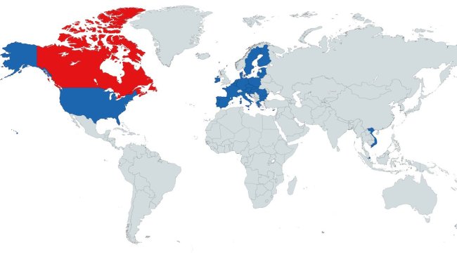 Figura 1. Países com os quais o Canadá tem acordos de zoneamento para PSA
(Vietnam, Singapur, la Unión Europea y los Estados Unidos).