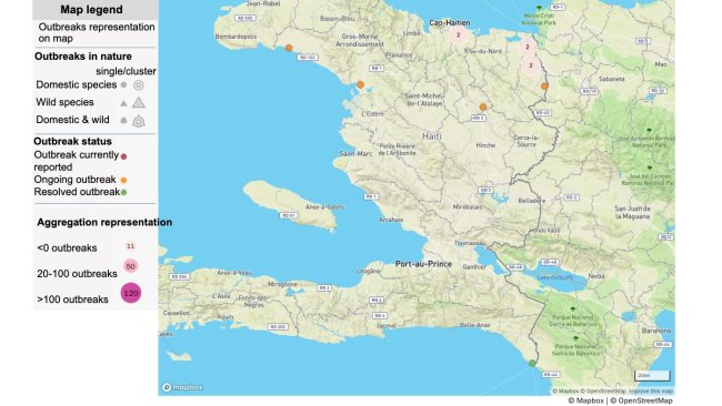 Map of ASF outbreaks in Haiti. Source: OIE. © OpenStreetMap contributors. https://www.openstreetmap.org/copyright