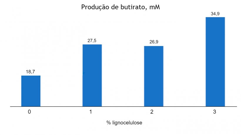 Figura 1. Efeito dose-dependente da inclus&atilde;o de lignocelulose na produ&ccedil;&atilde;o de butirato (mM) em leit&otilde;es desmamados aos 63 dias de vida (Adaptado de Silva-Guillen et al., 2022) P=0,001 SEM= 1,810
