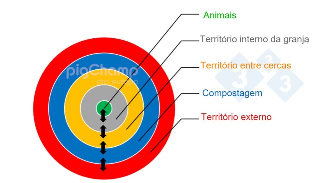 Imagem 1. Uma representação esquemática da gestão de biosseguridade de uma granja de suínos em anéis