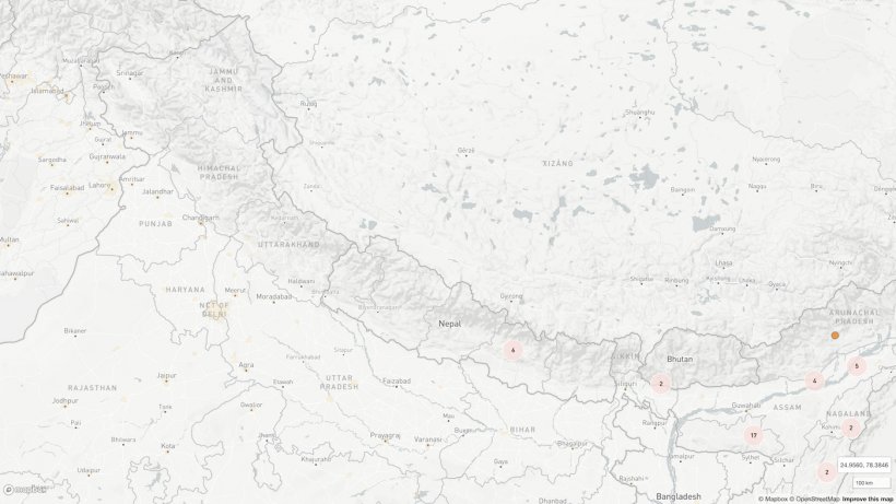 Localiza&ccedil;&atilde;o dos seis surtos relatados at&eacute; agora no Nepal.&nbsp;Fonte: OIE com base no&nbsp;&copy;OpenStreetMap&nbsp;(https://www.openstreetmap.org/about/)
