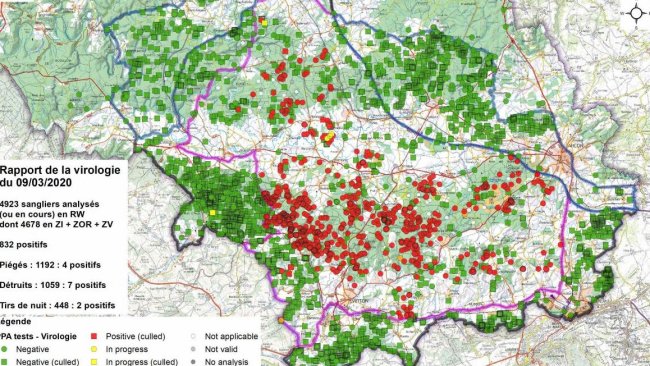 Mapa da amostragem de javalis até o dia 9 de março de 2020.