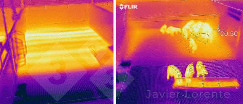 Foto 2.Esquerda: Imagem termogr&aacute;fica de um piso radiante funcionando corretamente. Direita: Imagem termogr&aacute;fica de um piso radiante avariado, com uma zona praticamente inativa.

