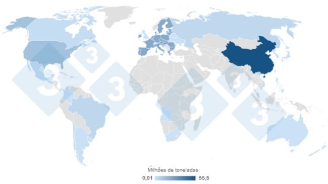 Mapa 1. Concentração da produção global de carne suína estimada para 2023, em milhões de toneladas. Elaborado pelo Departamento de Economia e Inteligência de Mercado da 333 com dados do Departamento de Agricultura dos Estados Unidos (USDA).