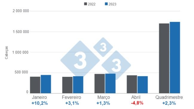 Gráfico 1. Abate de suínos na Colômbia no primeiro quadrimestre de 2023, números em cabeças, Elaborado pelo Departamento de Economia e Inteligência de Mercado da 333 com dados do DANE.