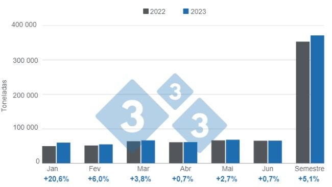 Gráfico 1: Evolução da produção de carne suína argentina no primeiro semestre de 2023. Elaborado pelo Departamento de Economia e Inteligência de Mercado da 333 com dados da Secretaria de Agricultura, Pecuária e Pesca do Ministério da Economia da Argentina.