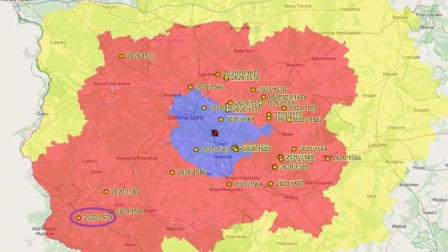 Local de um javali testado positivo (2020/1579) 2020/1579 = próximo local de um javali testado positivo Fonte da imagem: https://bip.wetgiw.gov.pl/asf/mapa/  