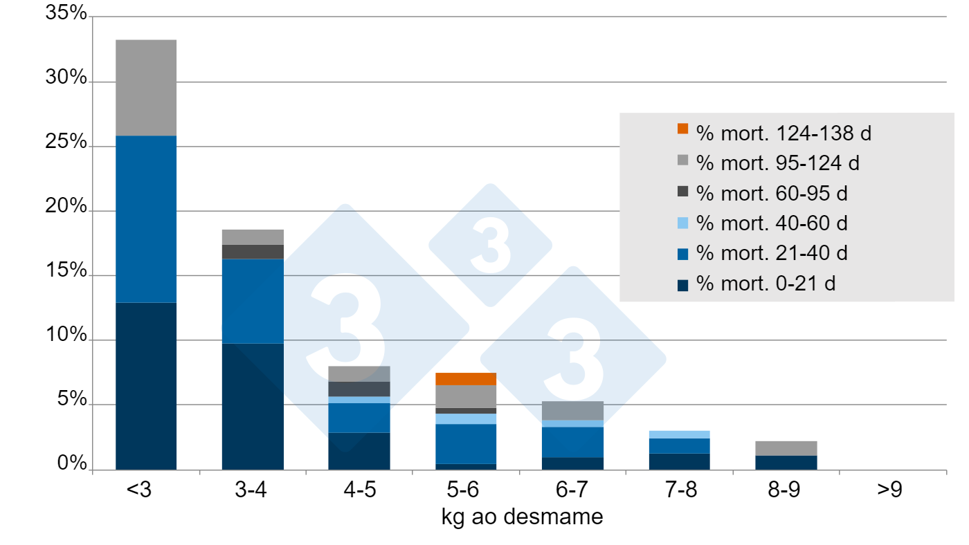 % de mortalidade ao desmame até 138 dias pós-desmame