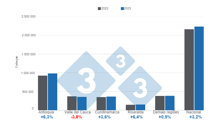 Gráfico 1. Abate acumulado de suínos de janeiro a maio de 2023 por região, variações em relação ao mesmo período de 2022. Elaborado pelo Departamento de Economia e Inteligência de Mercado da 333 com dados do DANE.
