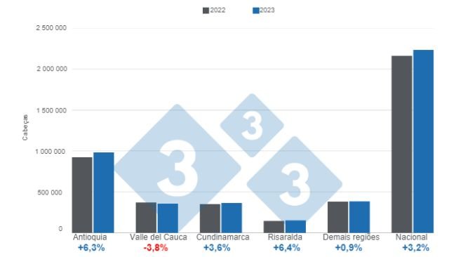 Gráfico 1. Abate acumulado de suínos de janeiro a maio de 2023 por região, variações em relação ao mesmo período de 2022. Elaborado pelo Departamento de Economia e Inteligência de Mercado da 333 com dados do DANE.