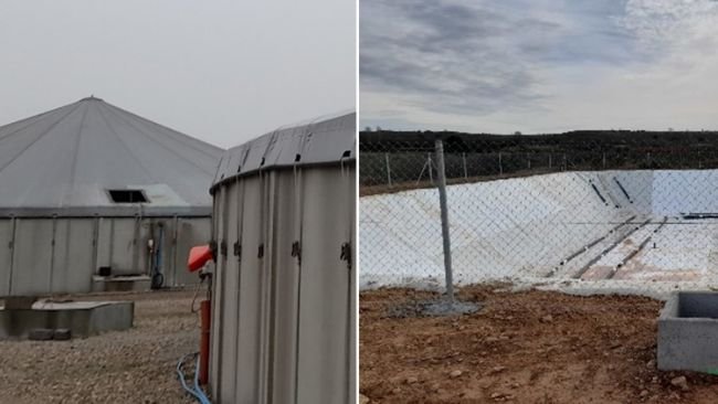 Imagem 3. Eficiência de redução de emissões de NH3 de 80% com coberturas flexíveis tipo tenda (esquerda) ou coberturas flexíveis com lâmina de polipropileno ou similar (direita).