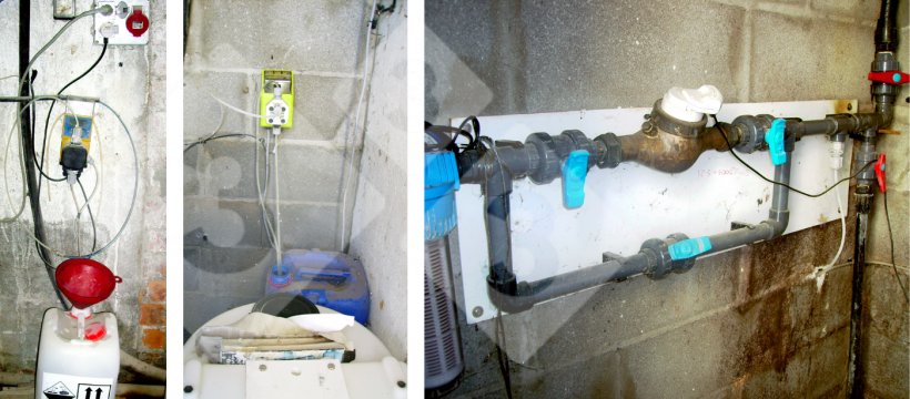 Figura 7.&nbsp;Sistema de higieniza&ccedil;&atilde;o. Esquerda: bomba de dosagem de cloro, centro: bomba de dosagem de per&oacute;xido de hidrog&ecirc;nio, direita: filtro, contador de fluxo e &quot;by pass&quot;.
