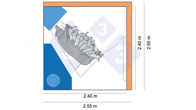 Figura 4. As primeiras medidas das baias na Dinamarca eram de 2,4 x 2,4 m, enquanto os designs mais recentes s&atilde;o de 2,55 x 2,55, permitindo mais espa&ccedil;o para leitegadas grandes e op&ccedil;&otilde;es de movimenta&ccedil;&atilde;o para a matriz.
