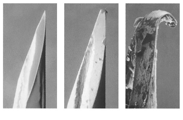Figura 1: Fotografias de agulhas hipod&eacute;rmicas que demonstram como ficam tortas&nbsp;e lascam com o uso.

