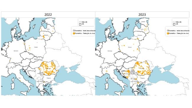 Distribuição espacial de surtos confirmados de PSA entre suínos domésticos em 2022 (esquerda) e 2023 (direita). Fonte: ADIS, acessado em 1 de fevereiro de 2024. © EuroGeographics para limites administrativos.