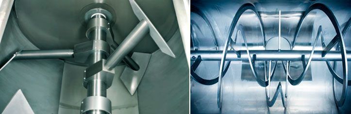 Figura 1. Na imagem &agrave; esquerda, misturadora horizontal de um eixo com p&aacute;s (Imagem: cat&aacute;logo da Buhler AG). &Agrave; direita, misturadora helicoidal (Imagem: cat&aacute;logo da Flowtec).
