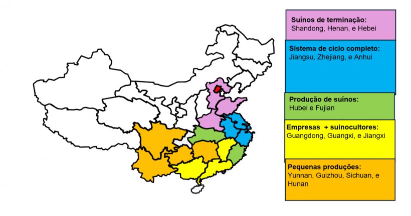 Distribui&ccedil;&atilde;o geogr&aacute;fica e modos operacionais da ind&uacute;stria su&iacute;na da China por prov&iacute;ncia. Fonte: USDA de ATO Beijing.
