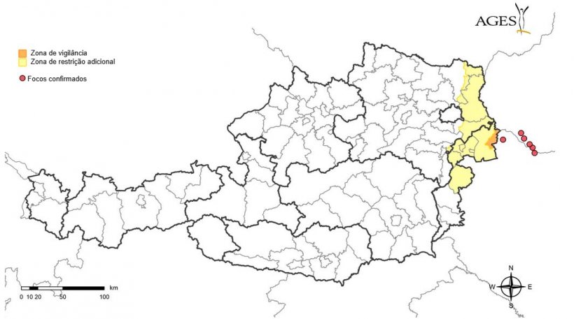 Surtos de febre aftosa na Hungria e na Eslov&aacute;quia confirmados entre 1 de janeiro de 2025 e 26 de mar&ccedil;o de 2025 e zonas de restri&ccedil;&atilde;o e vigil&acirc;ncia implementadas na &Aacute;ustria. Fonte: AGES.
