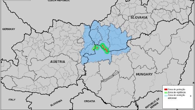 Zonas de proteção e vigilância e zona de restrição adicional conforme Documento PLAN/FMD07/2025 2025-SANTE G2. Última atualização em 27/03/2025. Fonte: CE.