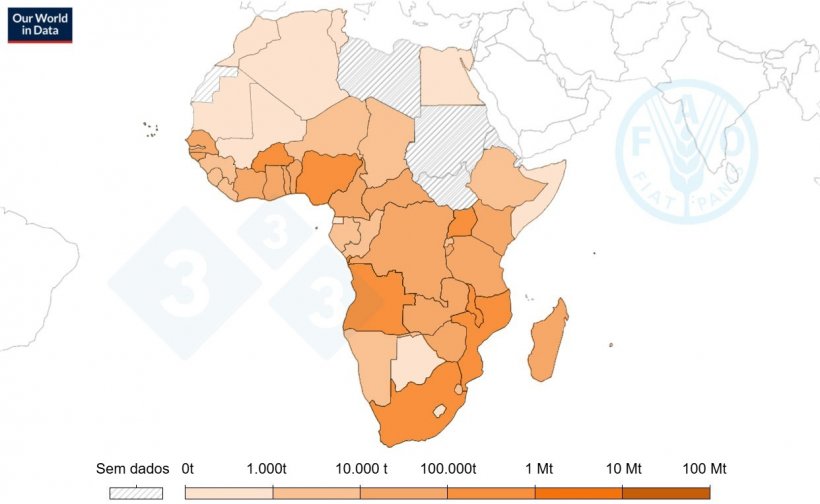 Produção de carne suína na África, 2022. Fonte: Organização das Nações Unidas para a Alimentação e a Agricultura (2023).