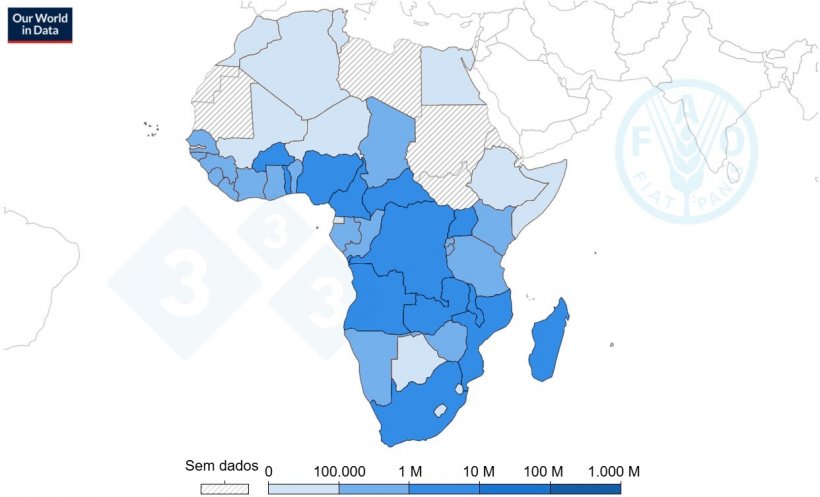Número de suínos na África, 2022. Fonte: Organização das Nações Unidas para a Alimentação e a Agricultura (2023).