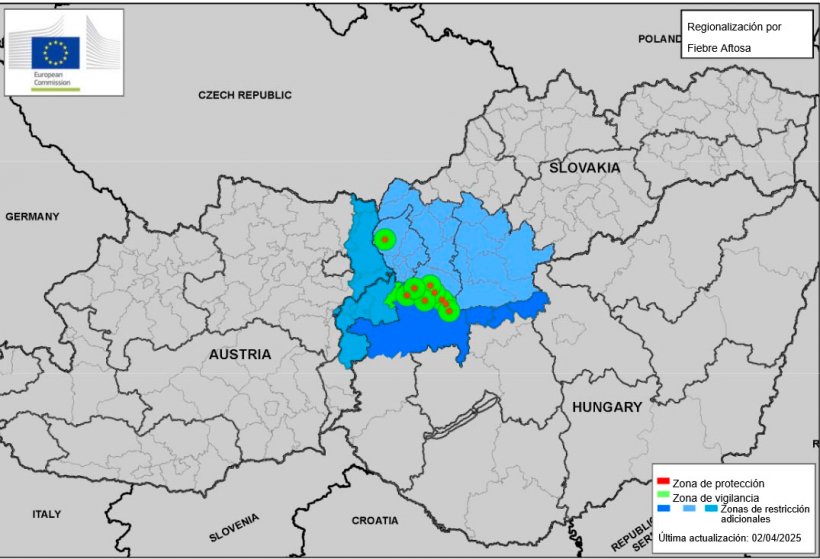 Zonas de protección y vigilancia y zona de restricción adicional según el Documento PLAN/FMD08 REV1/2025 2025-SANTE G2. Última actualización 02/04/2025. Fuente: CE.