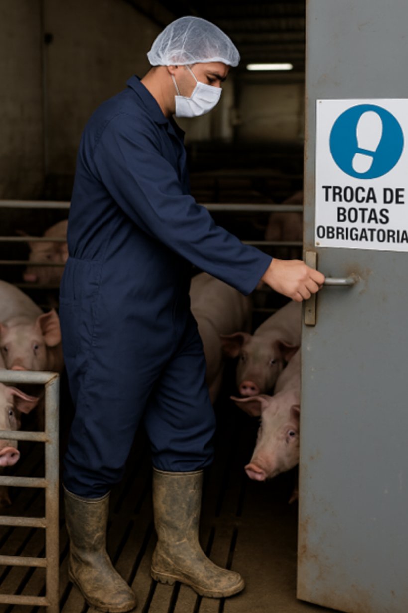 Imagem 1. Trabalhador em uma granja de su&iacute;nos atravessa diferentes &aacute;reas sem trocar as botas, ignorando o protocolo de biosseguridade indicado. Imagem gerada por intelig&ecirc;ncia artificial para fins ilustrativos (OpenAI, 2025).
