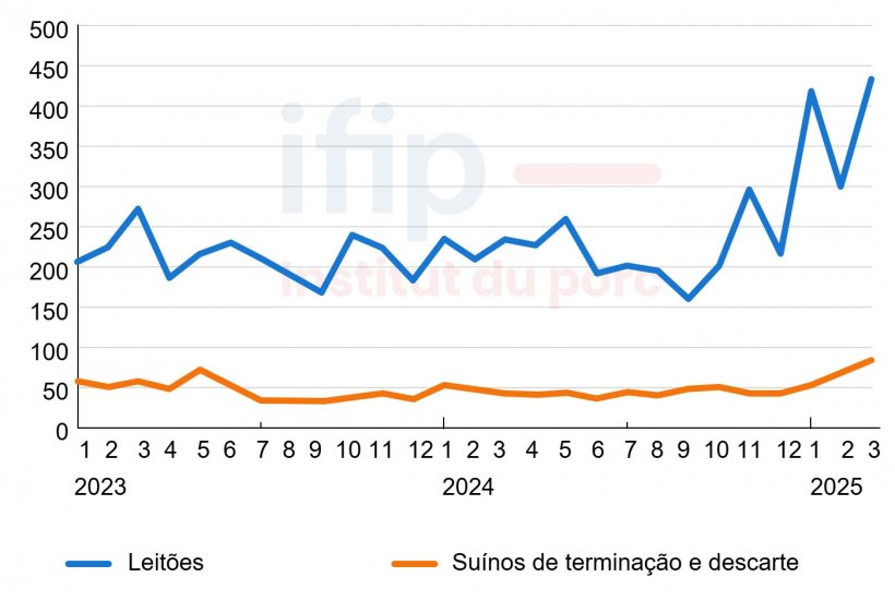 Importa&ccedil;&otilde;es mensais espanholas de su&iacute;nos vivos (milhares de cabe&ccedil;as).
Fonte: IFIP com base em dados da Eurostat (alf&acirc;ndega).
