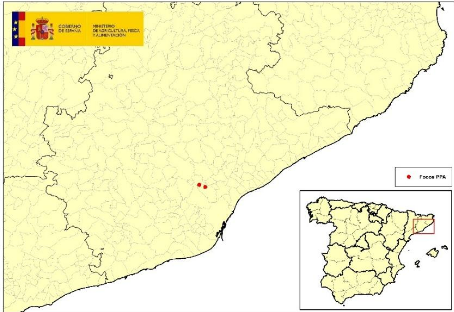 Localiza&ccedil;&atilde;o dos 2 focos de javalis silvestres detectados na Catalunha (Fonte: MAPA)
