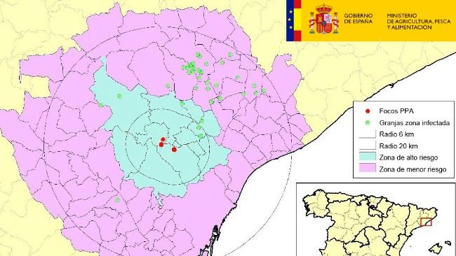 Localização das granjas restritas dentro da área infectada, com municípios em zonas de alto e baixo risco. (Fonte: MAPA)