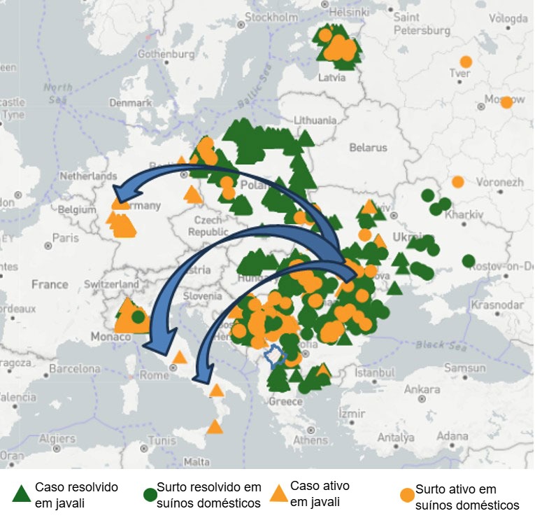 Figura 1. Rota provável do vírus da PSA em direção aos agrupamentos no Lácio, Campânia e Renânia do Norte-Vestfália.