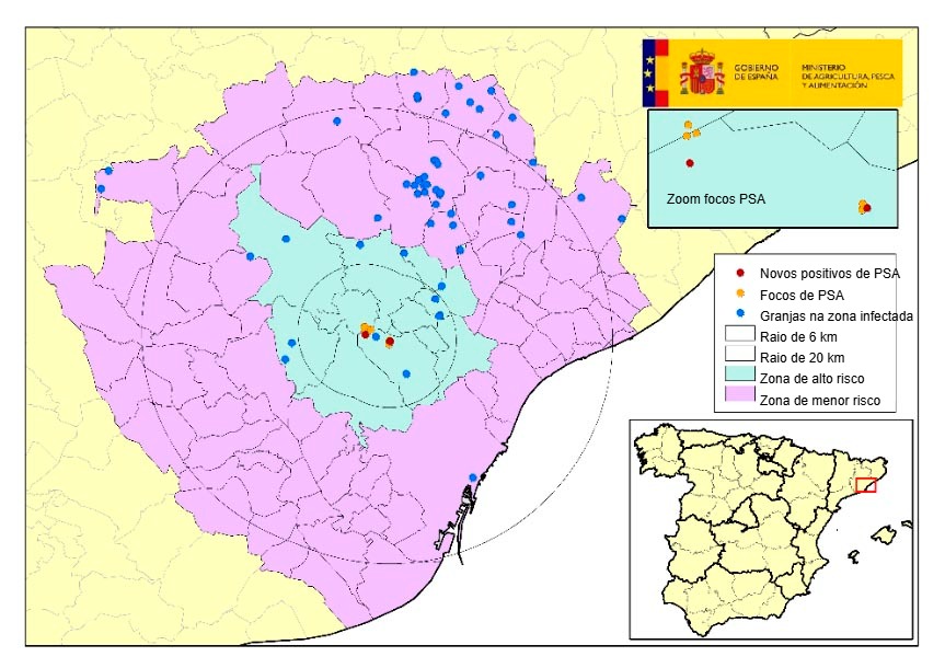 Localización de los 7 focos en jabalíes silvestres y de las explotaciones de porcino localizadas dentro de la zona infectada, con municipios en zona de alto y menor riesgo. (Fuente: MAPA).