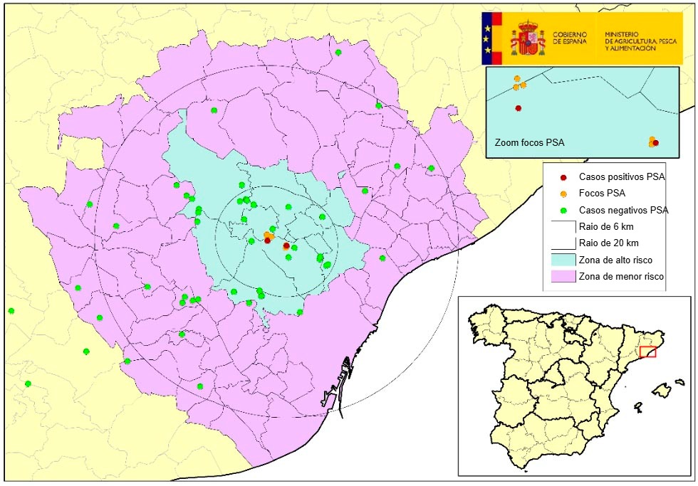 Localización de los 7 focos en jabalíes silvestres y de los jabalíes hallados muertos negativos detectados en Cataluña (Fuente: MAPA).