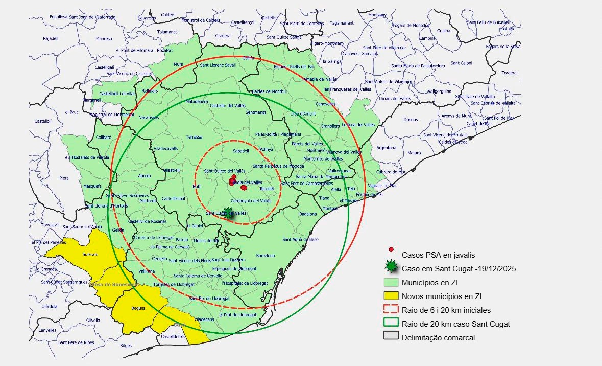 Mapa con los nuevos municipios afectados tras la detección de un nuevo caso. Fuente: Generalitat de Catalunya.