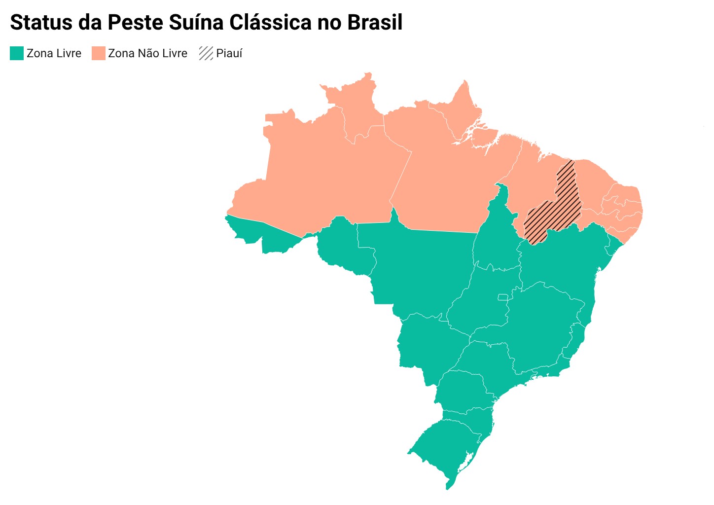 Status da Peste Suína Clássica no Brasil. Fonte: Mapa criado com dados publicados pela CNA, 2024.