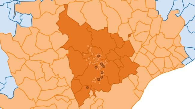 Detailed location of the 155 cases of wild boar detected in the infected area. Clear circle: cases from previous outbreaks. Dark circle: newly reported cases (Source: Department of Agriculture, Livestock, Fisheries and Food).