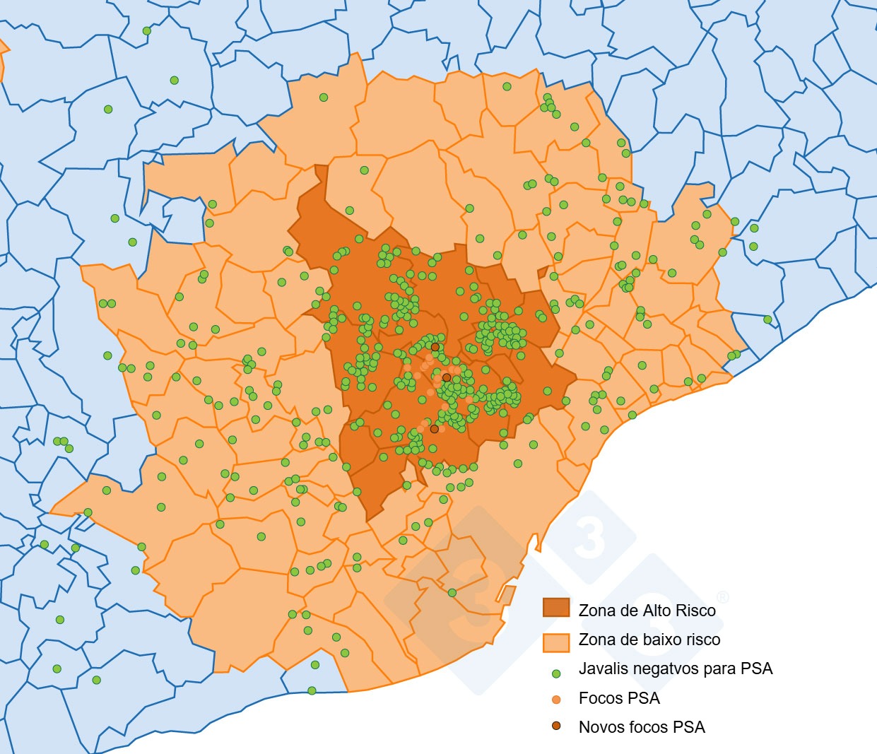 Localiza&ccedil;&atilde;o dos 29 focos em javalis e dos javalis negativos que foram capturados ou encontrados mortos na Catalunha (Adaptado do MAPA).