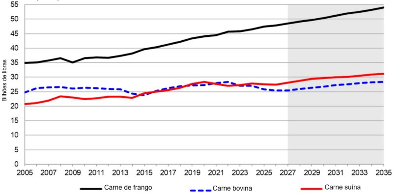 Produ&ccedil;&atilde;o de produtos de origem animal nos EUA, 2005&ndash;2035. Fonte: USDA.

