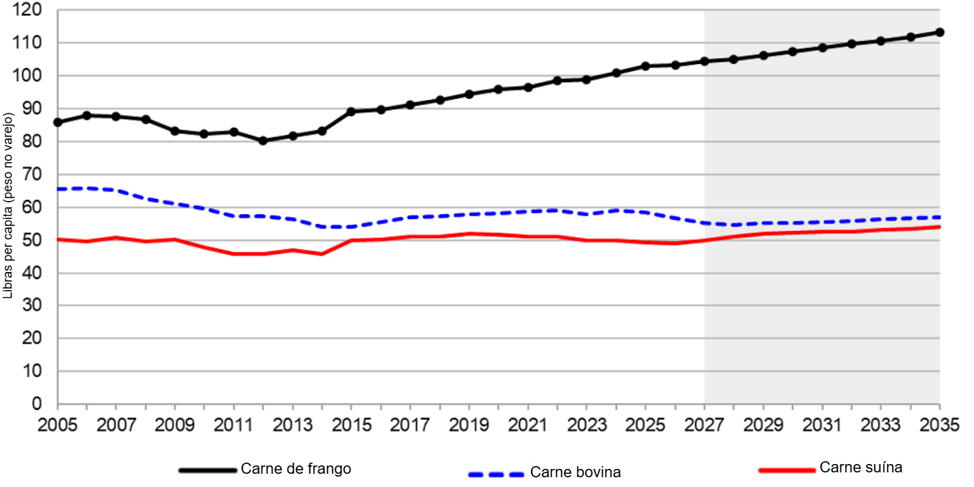 U.S. per capita meat consumption, 2005-2035