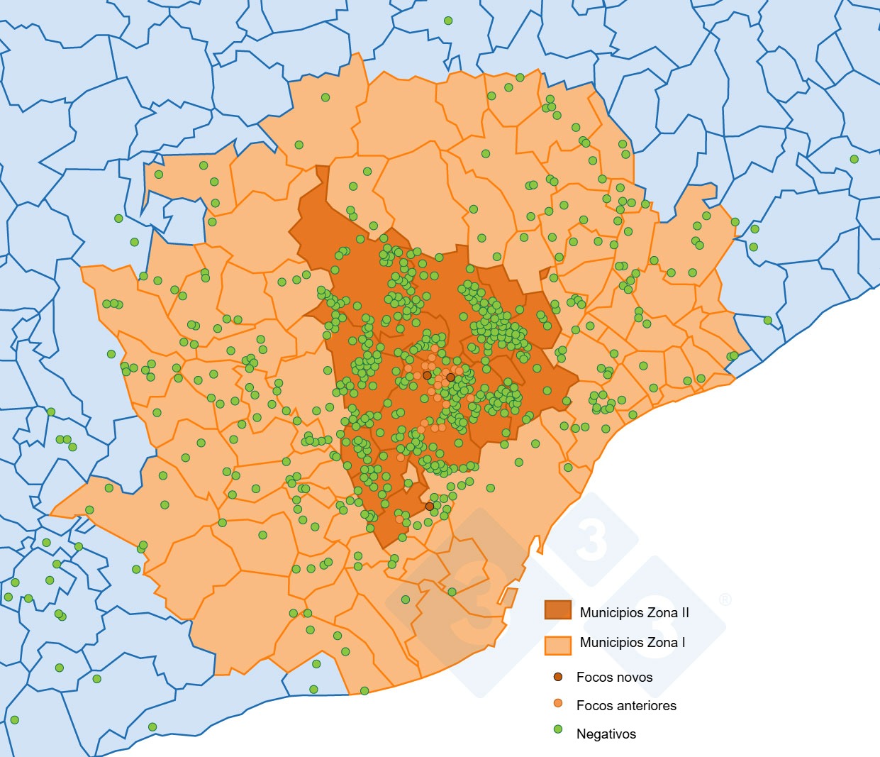 Localizaci&oacute;n de los 37 focos en jabal&iacute;es silvestres y de los jabal&iacute;es capturados  o hallados muertos negativos detectados en la zona restringida II