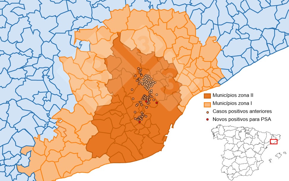 Localización detallada de los casos de jabalíes silvestres dertectados en la zona restringida II. Fuente: 333 a aprtir de datos del MAPA y SVO.