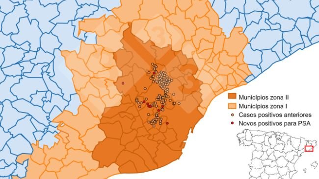 Localização detalhada dos casos de javalis silvestres detectados na zona restrita II. Fonte: 333 com base em dados do MAPA e dos SVO.